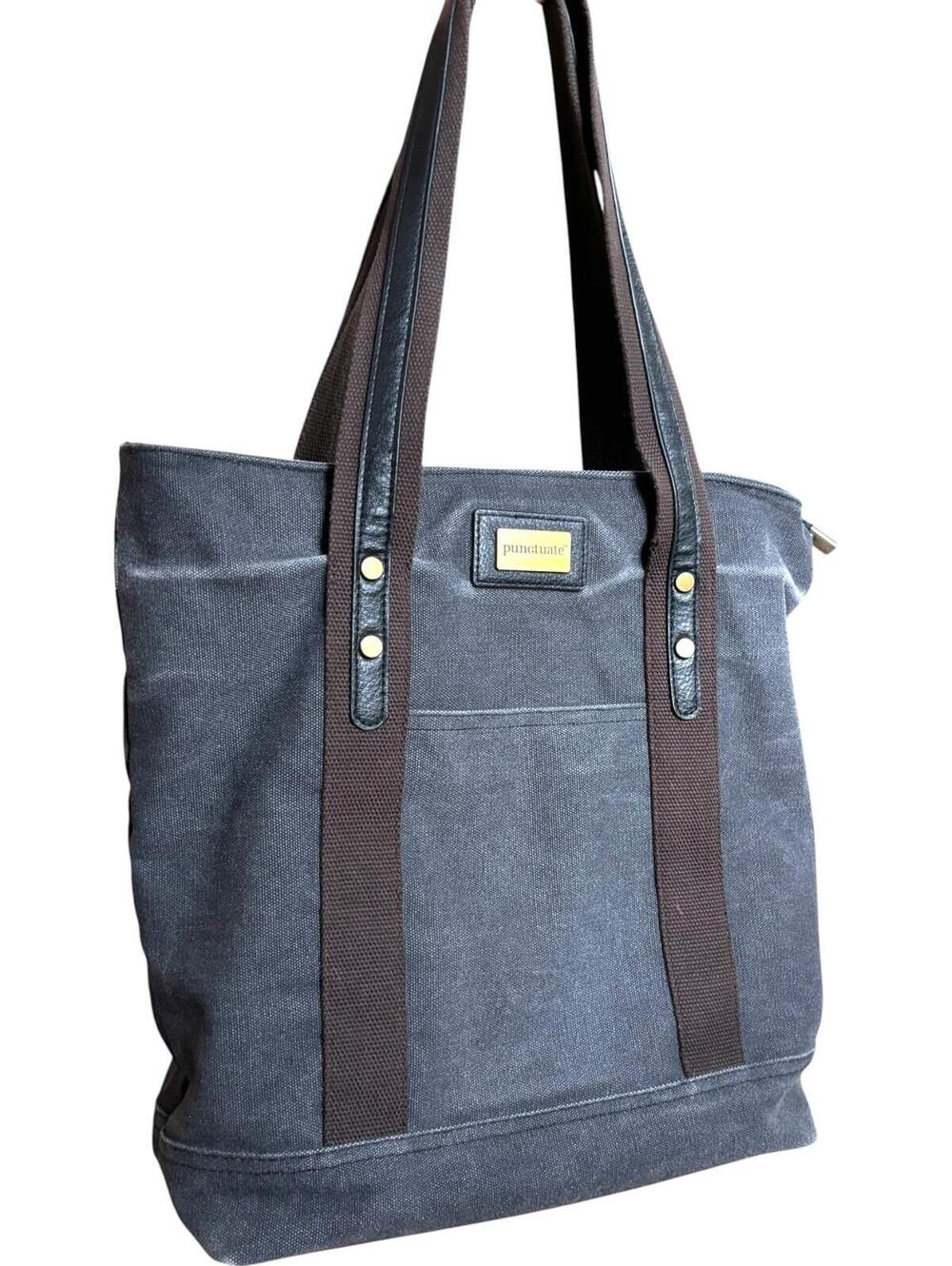 punctuate denim and canvas Tote Bag with Brown Straps